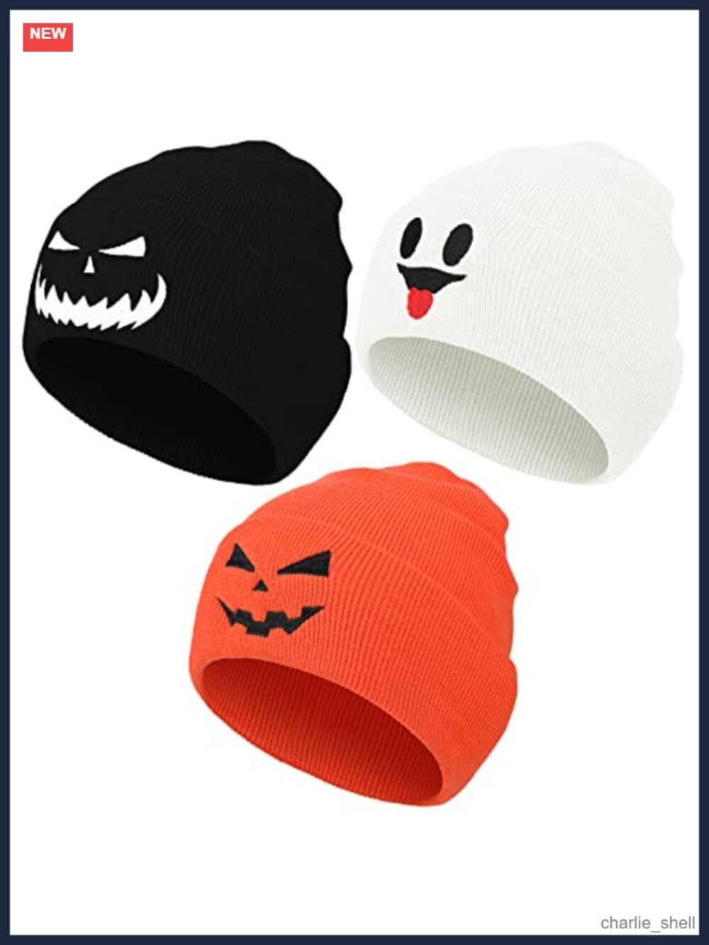 3 Pk Halloween Beanie Hats Slouchy Knit Cap Ghost Skull Pumpkin